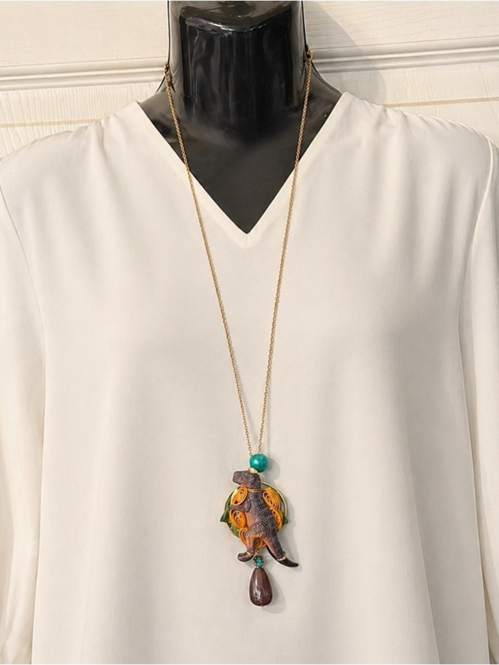 Vintage Lenora Dame long iconic dinosaur necklace designed by Lenora Dame studio